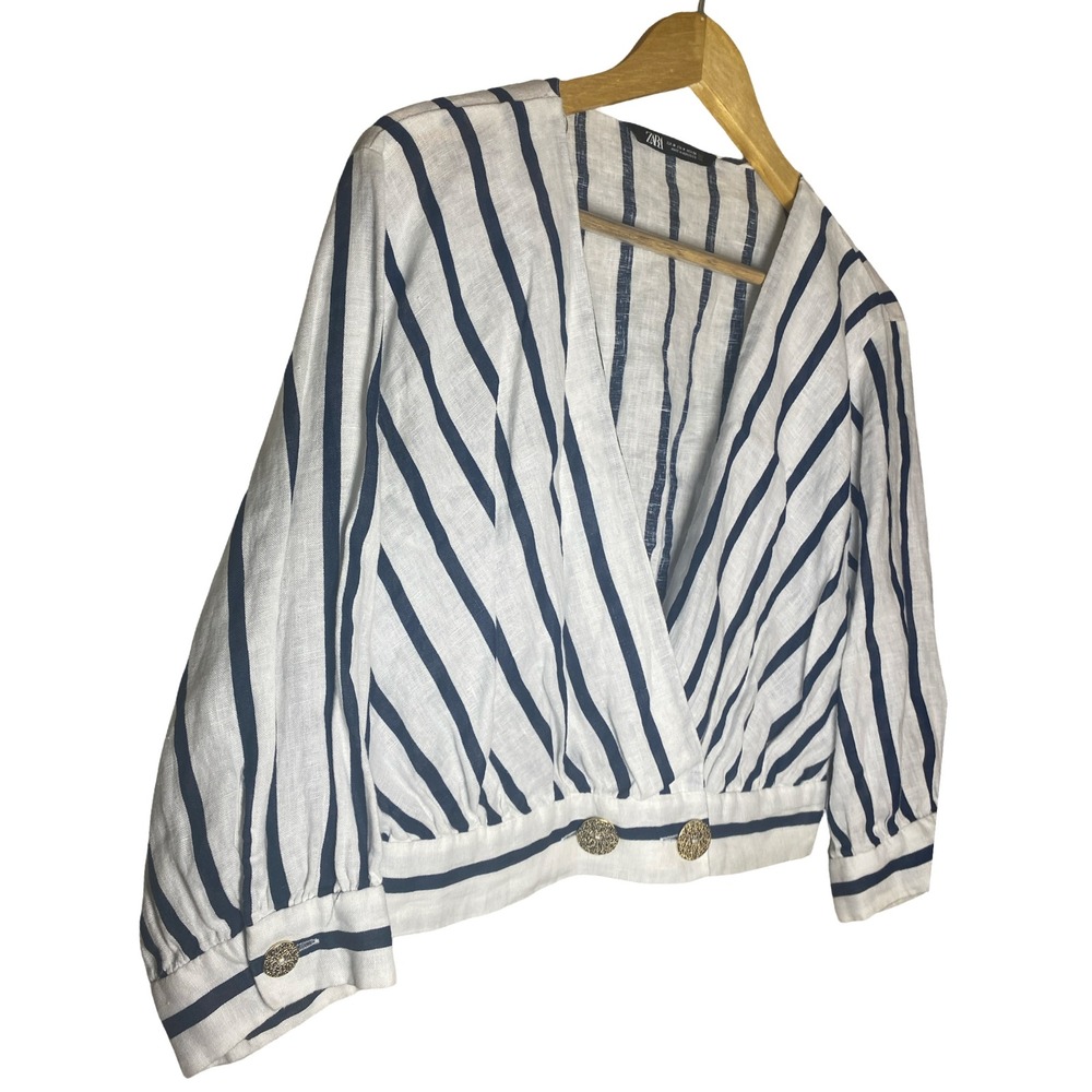 Zara Womens Navy Blue White Striped Linen Wrap Crop Top Gold Button Size Medium - Picture 4 of 10